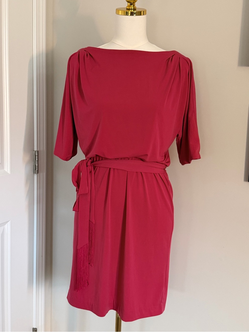 New York & Company Raspberry Midi Belted Boatneck Dress
